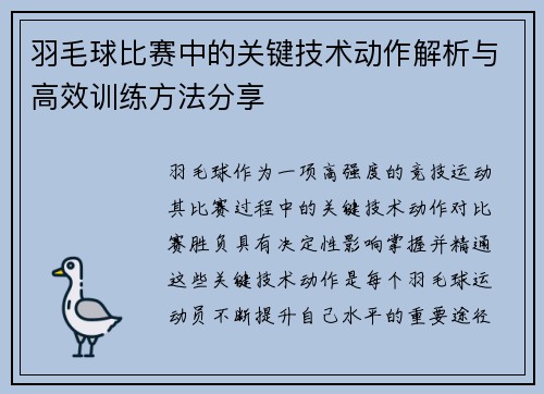 羽毛球比赛中的关键技术动作解析与高效训练方法分享
